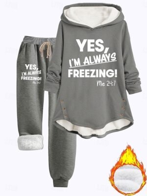 Casual Cozy Phrase Print Hoodie Long Sleeve Two Piece Loungewear Set - Image 27