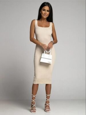 Casual Crew Neck Cold Shoulder Sleeveless Midi Dress - Image 4