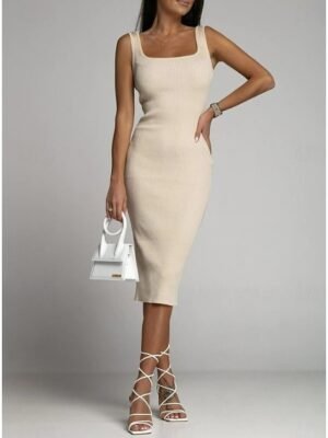 Casual Crew Neck Cold Shoulder Sleeveless Midi Dress - Image 6