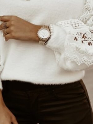 Casual Cropped Solid Crochet Crew Neck Long Sleeve Pullover - Image 3
