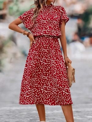 Casual Ditsy Floral Crew Neck Short Sleeve Midi Dress - Image 3