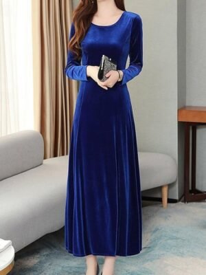 Casual Draped Plain Crew Neck Long Sleeve Maxi Dress - Image 1