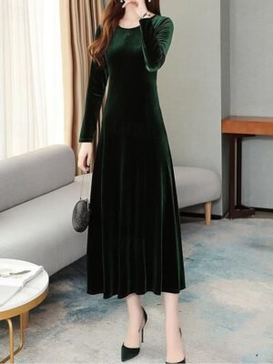 Casual Draped Plain Crew Neck Long Sleeve Maxi Dress - Image 2