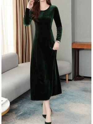 Casual Draped Plain Crew Neck Long Sleeve Maxi Dress - Image 3
