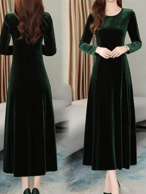 Casual Draped Plain Crew Neck Long Sleeve Maxi Dress - Image 4