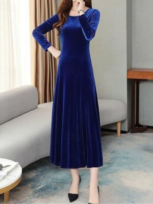 Casual Draped Plain Crew Neck Long Sleeve Maxi Dress - Image 6