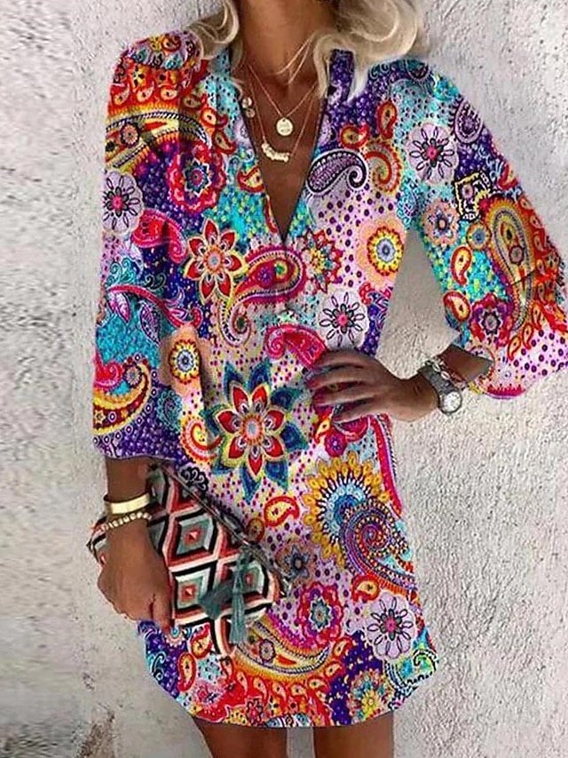 Casual Ethnic Floral V Neck 3/4 Sleeve Mini Dress - Image 1