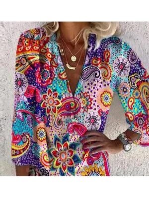 Casual Ethnic Floral V Neck 3/4 Sleeve Mini Dress - Image 2
