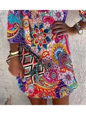 Casual Ethnic Floral V Neck 3/4 Sleeve Mini Dress - Image 3