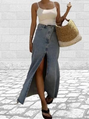 Casual Fashion Plain High Waist Maxi Denim Skirt - Image 1