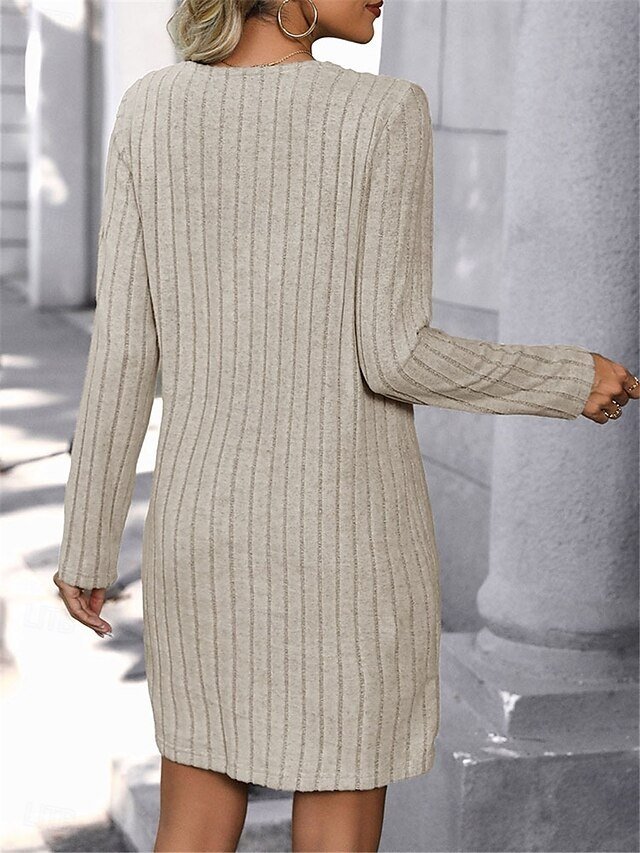 Casual Flared Ribbed V Neck Long Sleeve Mini Dress - Image 2