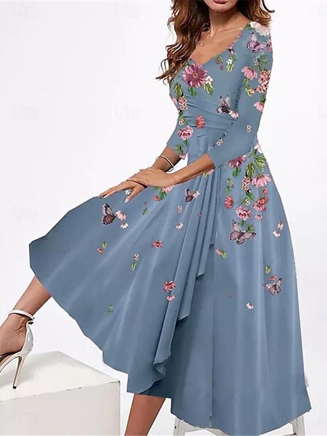 Casual Floral Ruffle V Neck Long Sleeve Midi Dress - Image 1