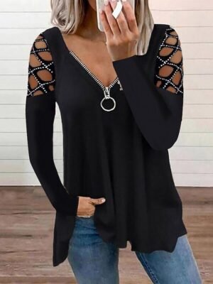 Casual Flowing Plain V Neck Off Shoulder Long Sleeve Regular Tunic - Image 1