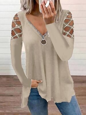 Casual Flowing Plain V Neck Off Shoulder Long Sleeve Regular Tunic - Image 7