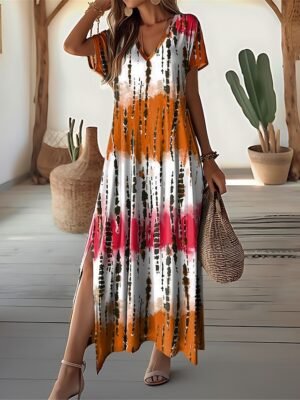 Casual Flowy Tie-Dye V-Neck Short Sleeve Maxi Dress - Image 10