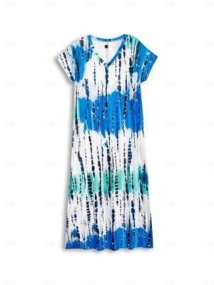 Casual Flowy Tie-Dye V-Neck Short Sleeve Maxi Dress - Image 6