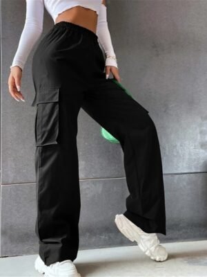 Casual Full Length Plain High Waist Cargo Pants - Image 1