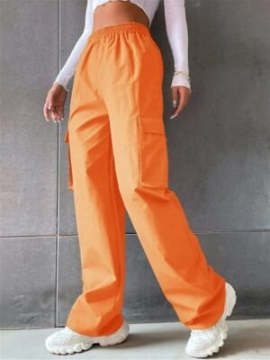 Casual Full Length Plain High Waist Cargo Pants - Image 3