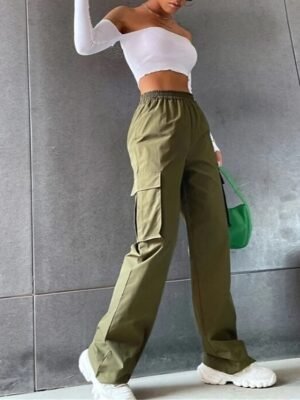 Casual Full Length Plain High Waist Cargo Pants - Image 4