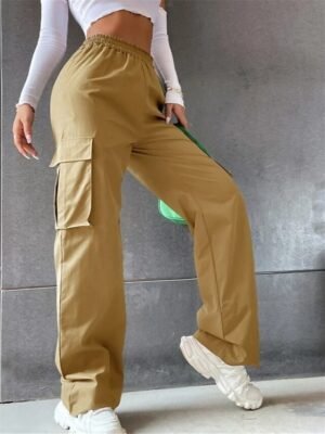 Casual Full Length Plain High Waist Cargo Pants - Image 6