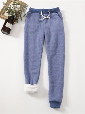 Casual Full Length Plain High Waist Fleece Trousers - Image 1