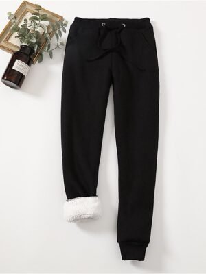 Casual Full Length Plain High Waist Fleece Trousers - Image 2