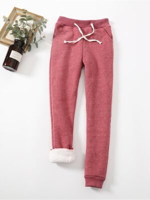 Casual Full Length Plain High Waist Fleece Trousers - Image 3