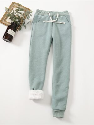 Casual Full Length Plain High Waist Fleece Trousers - Image 4