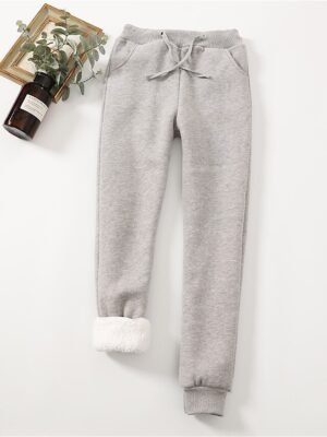 Casual Full Length Plain High Waist Fleece Trousers - Image 5