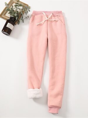 Casual Full Length Plain High Waist Fleece Trousers - Image 6