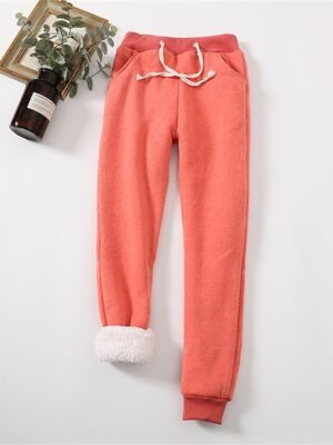 Casual Full Length Plain High Waist Fleece Trousers - Image 7