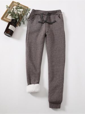 Casual Full Length Plain High Waist Fleece Trousers - Image 9