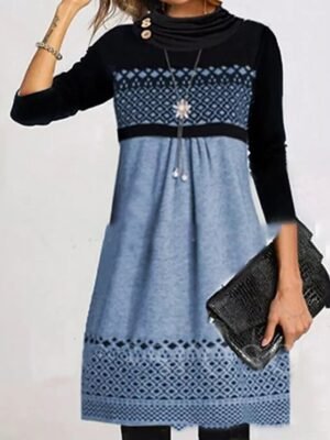 Casual Geometric Turtleneck Long Sleeve Midi Dress - Image 1