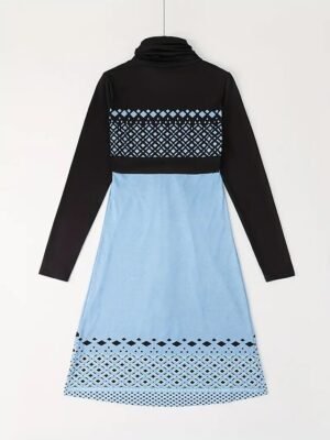 Casual Geometric Turtleneck Long Sleeve Midi Dress - Image 3