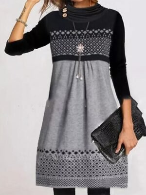 Casual Geometric Turtleneck Long Sleeve Midi Dress - Image 6