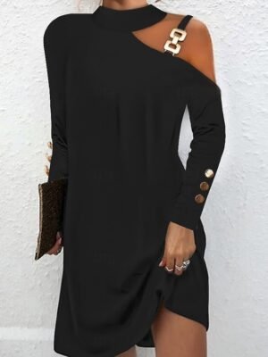 Casual Halter Neck Long Sleeve Mini Dress - Image 1