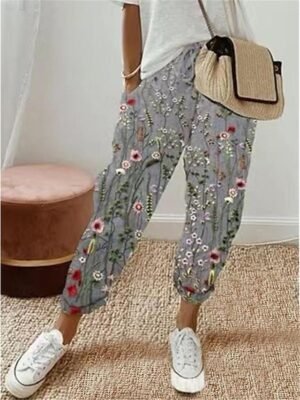 Casual High Waist Floral Stripe Elastic Drawstring Long Chinos - Image 2