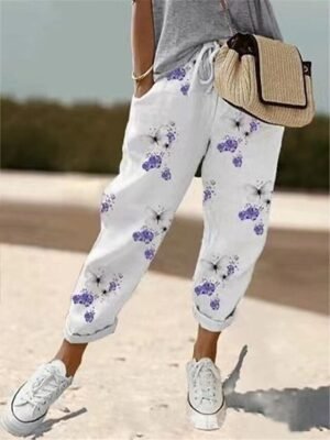 Casual High Waist Floral Stripe Elastic Drawstring Long Chinos - Image 3