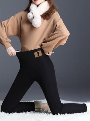 Casual High Waist Patterned Elastic Waistband Full Length Fleece Trousers - Image 3
