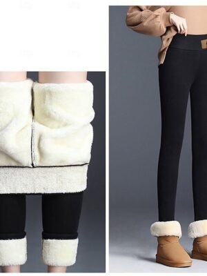 Casual High Waist Patterned Elastic Waistband Full Length Fleece Trousers - Image 4