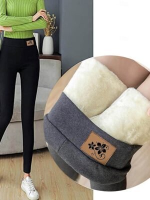 Casual High Waist Patterned Elastic Waistband Full Length Fleece Trousers - Image 5