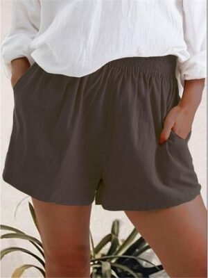 Casual High Waist Plain Elastic Drawstring Shorts - Image 3