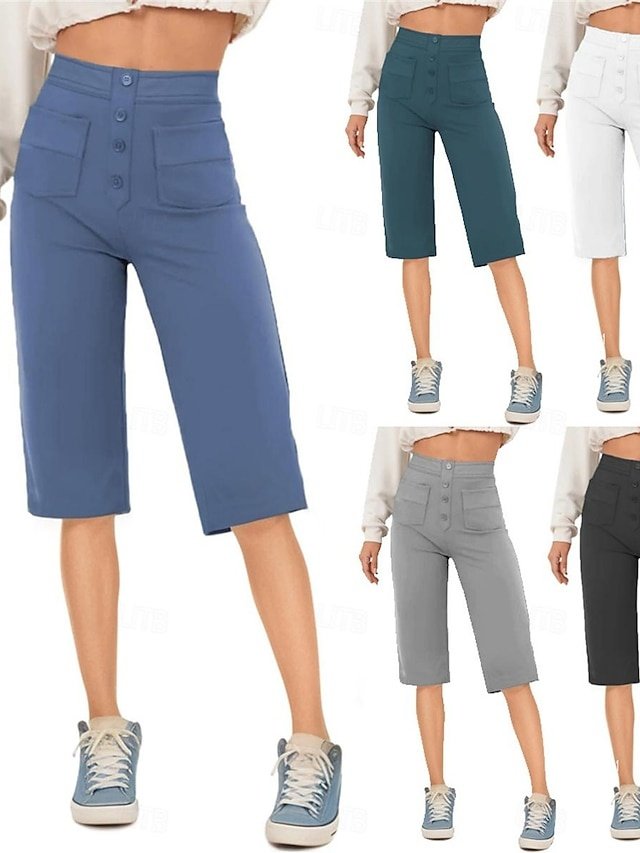 Casual High Waist Plain Elastic Knee Length Capri Shorts - Image 1