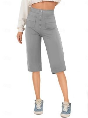 Casual High Waist Plain Elastic Knee Length Capri Shorts - Image 2