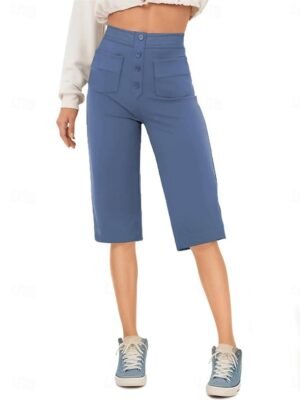 Casual High Waist Plain Elastic Knee Length Capri Shorts - Image 3