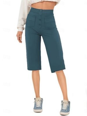 Casual High Waist Plain Elastic Knee Length Capri Shorts - Image 4