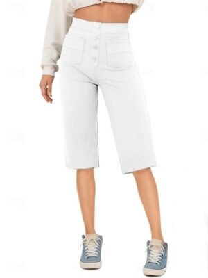 Casual High Waist Plain Elastic Knee Length Capri Shorts - Image 5