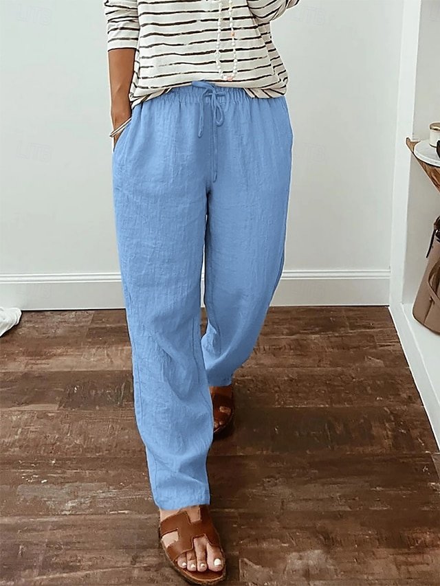 Casual High Waist Plain Elastic Long Trousers - Image 3
