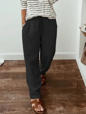 Casual High Waist Plain Elastic Long Trousers - Image 4