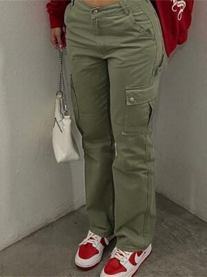 Casual High Waist Plain Full Length Cargo Trousers - Image 1